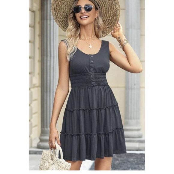 Women’s Summer Black Dress Sleeveless Button Down Casual Swing Mini Dress Size L - Picture 1 of 9